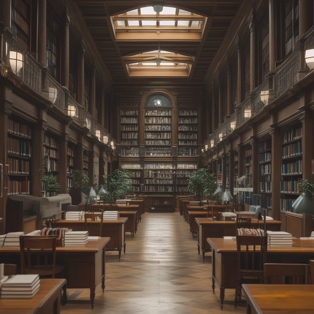Wnętrze eleganckiej biblioteki naukowej z wysokimi półkami pełnymi książek, drewnianymi stołami i ciepłym wieczornym oświetleniem, atmosfera wiedzy i skupienia
