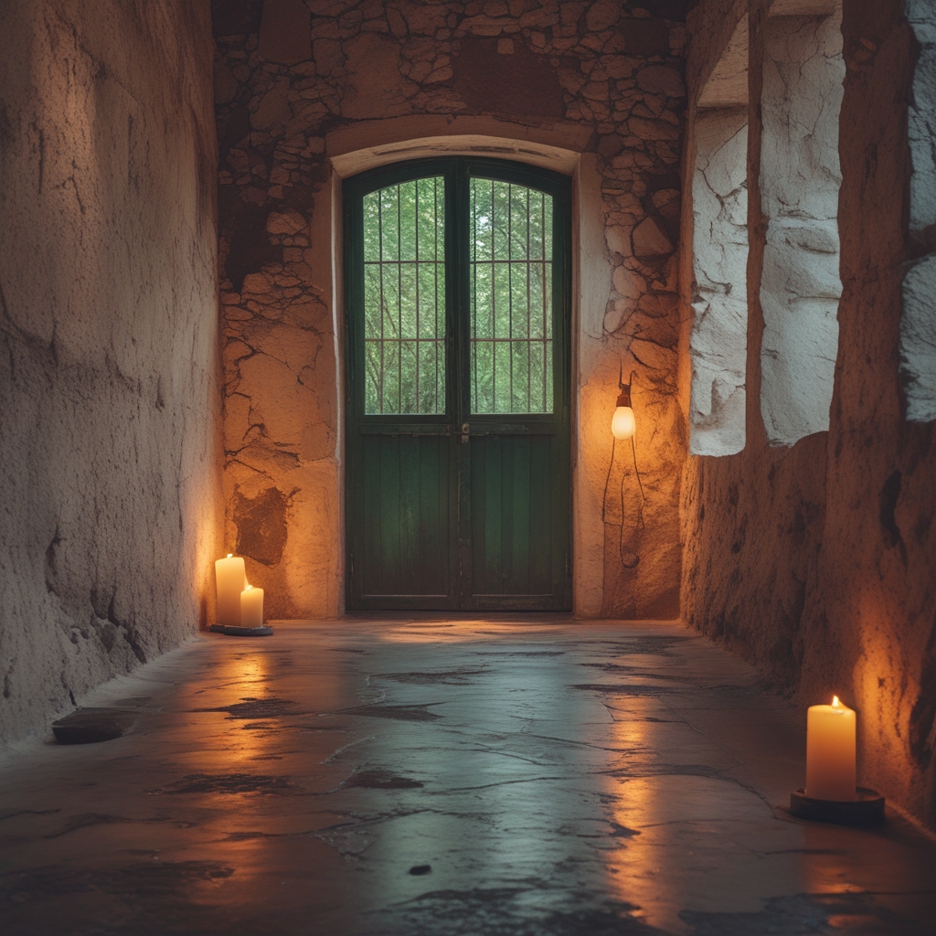 Szeroki kadr na pustą, jasno oświetloną salę do jogi z drewnianą podłogą i miękkimi cieniami padającymi przez duże okna, nastrój ciszy i skupienia