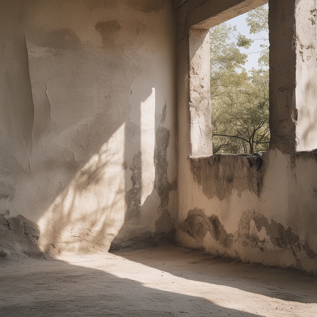 Abstrakcyjna fotografia dwóch kontrastowych tekstur — chropowatego kamienia i gładkiego drewna — symbolizująca dychotomię mitu i faktu, z dramatycznym bocznym oświetleniem